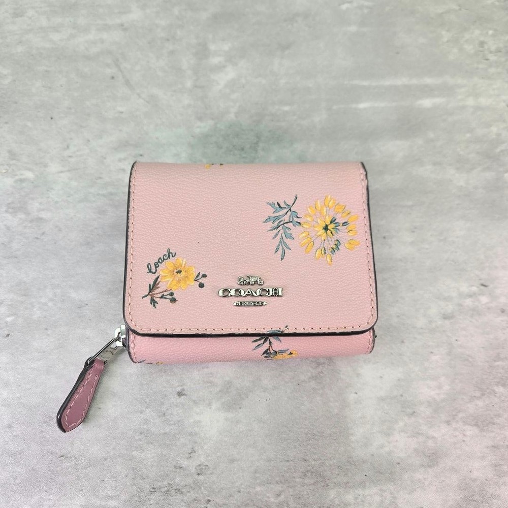 COACH Floral Print Leather Tri-Fold Wallet