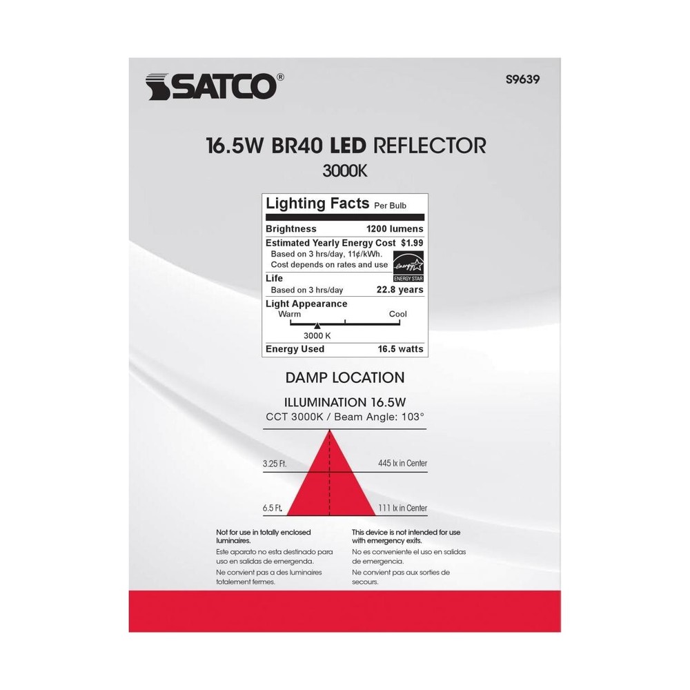 Satco S9639 - 16.5 Watt LED BR40 Dimmable Reflector Bulb - 120 Volts (6 Pack)