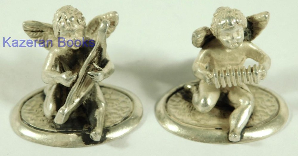 2x Vintage Solid Silver Miniature Cherub Putti Musician Place Menu Holders