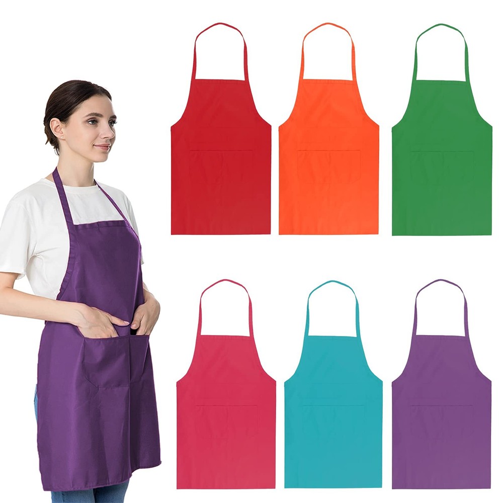 6 PCS Plain Bib Aprons for Women Men BulkMulticolor Apron with 2 Pockets for ...