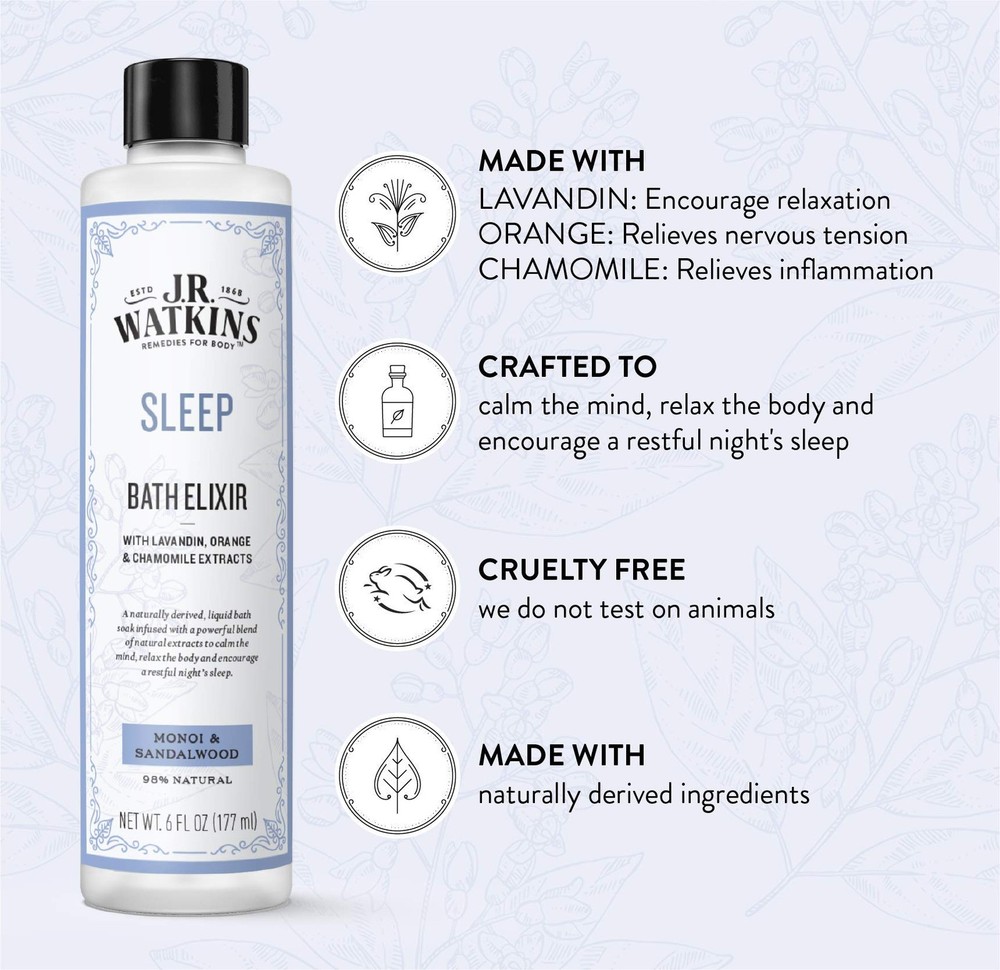 J.R. Watkins Sleep Bath Elixir, Liquid Bath Soak, Monoi & Sandalwood 6 oz