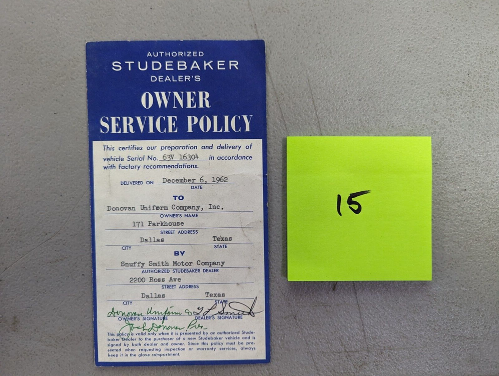 Studebaker Owner Service Policy