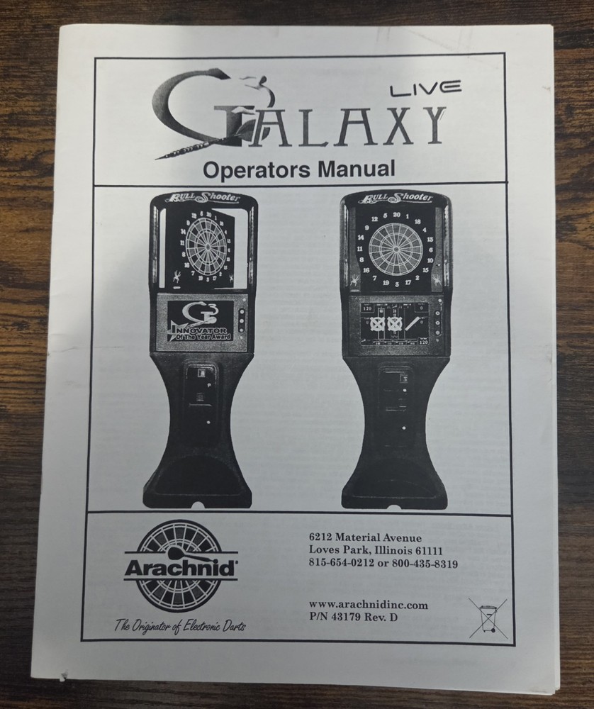 Original Arachnid Galaxy 3 Dartboard arcade game Operators Manual