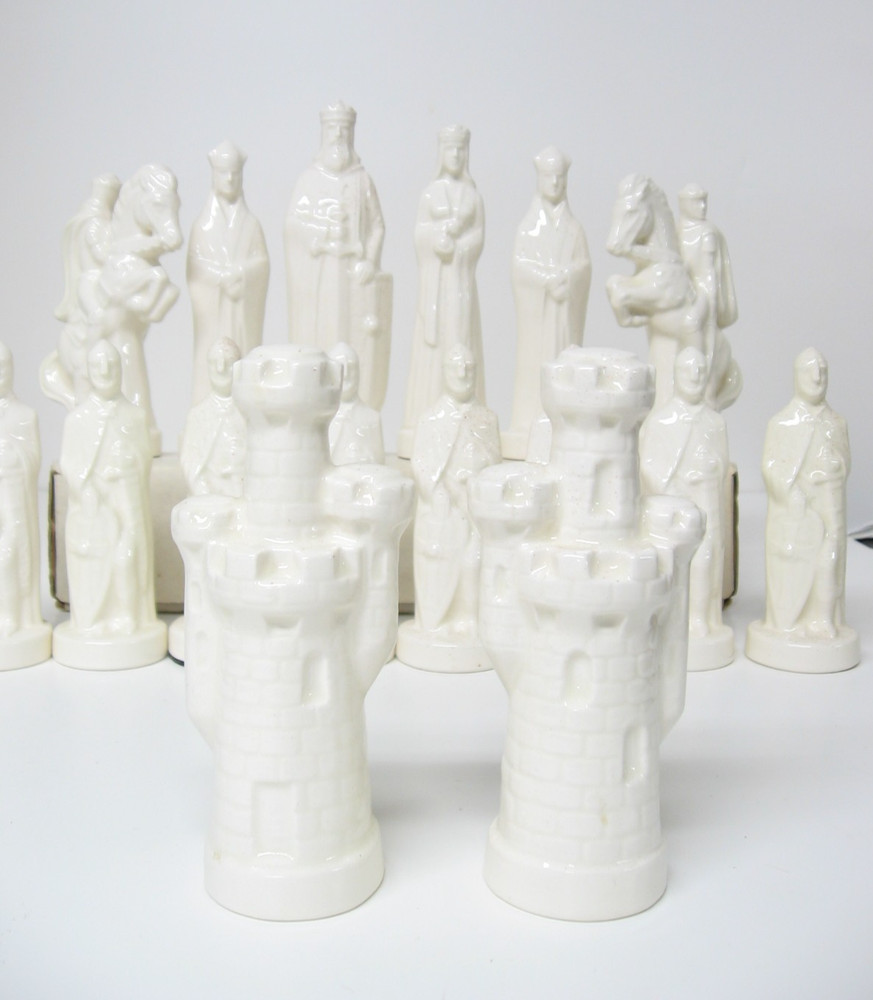 Black & White Tall Glazed Ceramic Chess Set 6" King-Complete-No Board