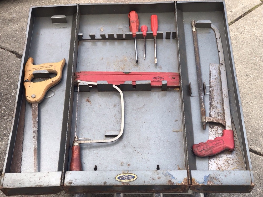 VINTAGE HAPPY TIME TOOLS WITH LARGE HANGING STORAGE BOX /WOODWORKING TOOLS
