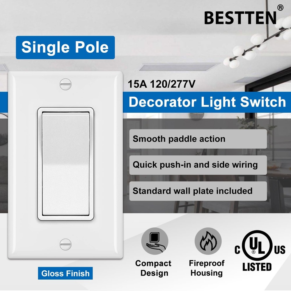 BESTTEN 10 Pack Single Pole Decorator Light Switch with Pole, white