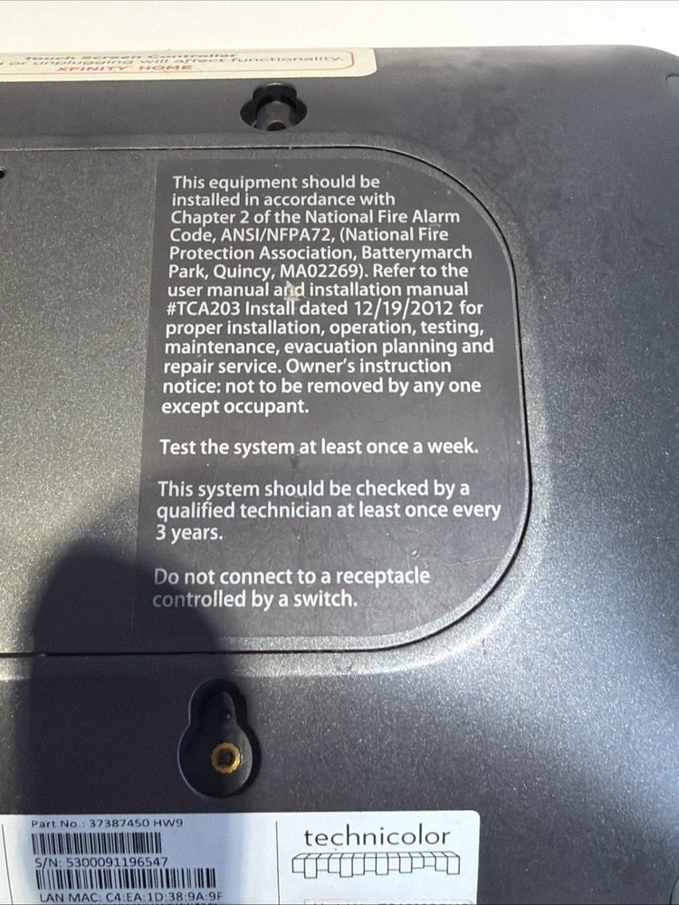 Xfinity Home Touchscreen Controller Model TCA203COMG Intertek 400367