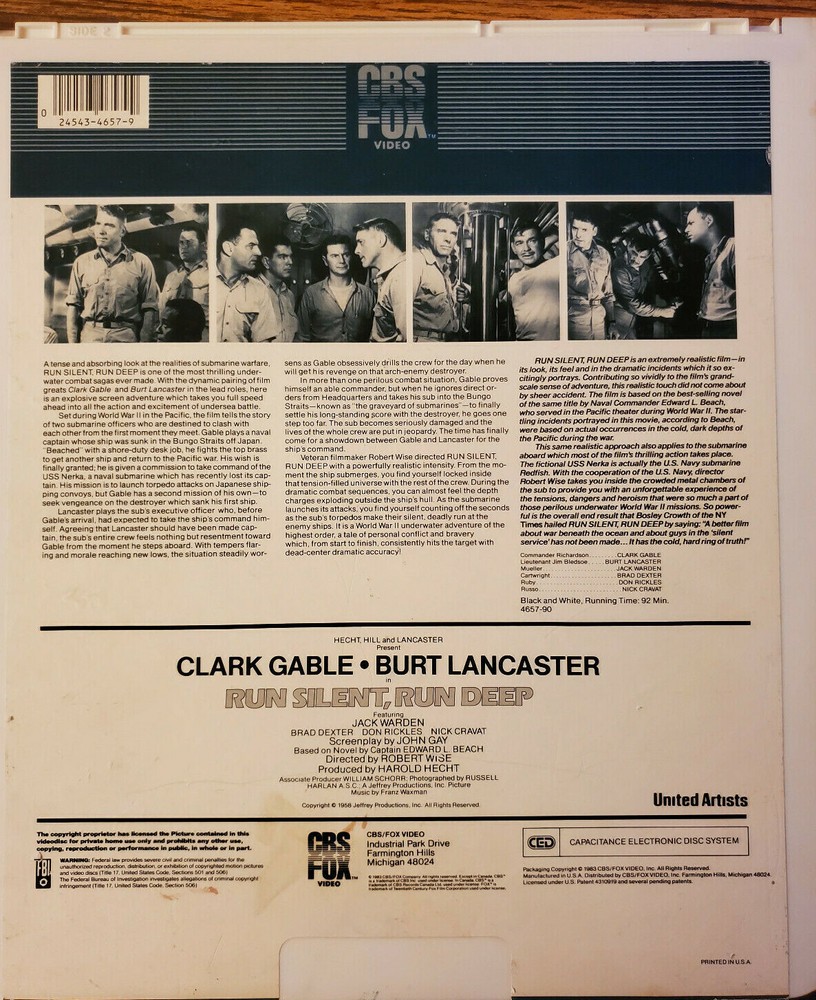 Capacitance Electronic Disc System CED "Run Silent, Run Deep" Clark Gable