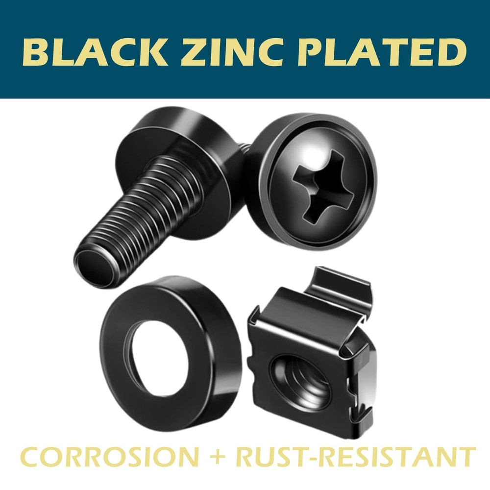 50 Pack M6 Rack Mount Cage Nuts, Screws Nuts 50 Pack, Black
