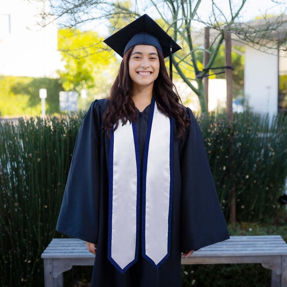 White/Navy Blue Plain Graduation Stole with Trim Color & Classic End