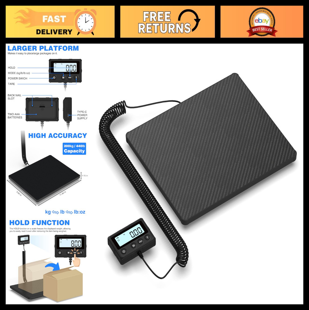High Precision Digital Shipping Scale 440LB/10g, Tare & Hold Function, Postal &