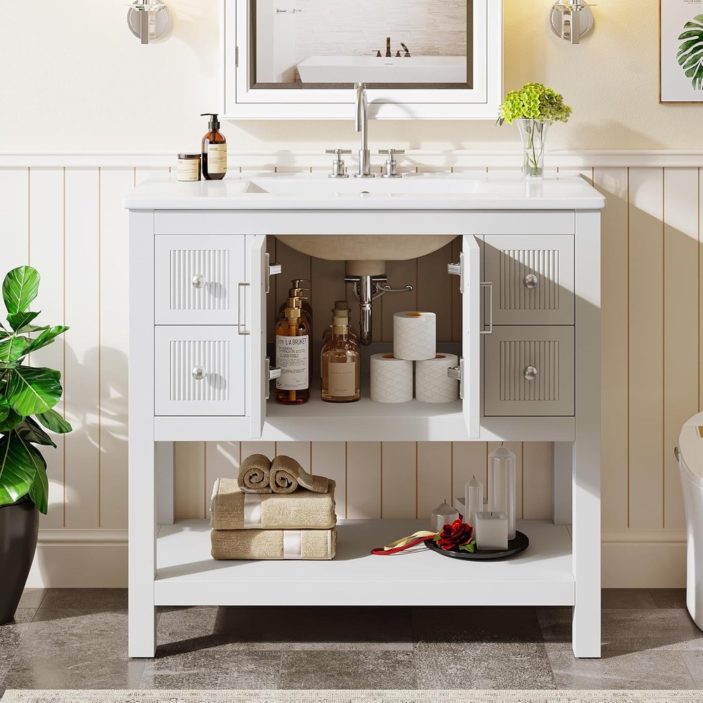 36" Modern Bathroom Vanity with Sink, Solid Wooden Freestanding Vanity Cabinet