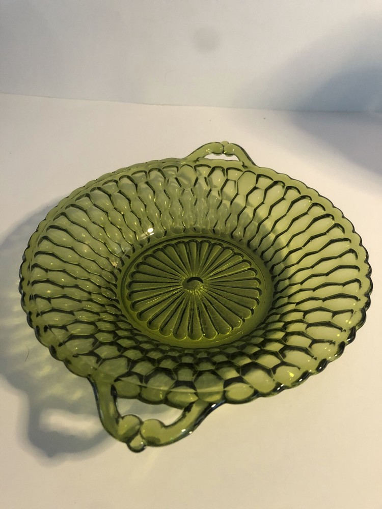 Vintage Green Glass Honeycomb Pattern Serving Dish