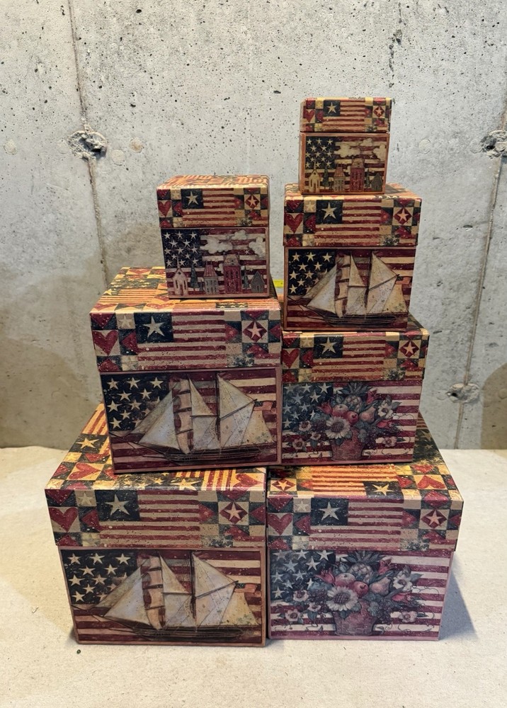 7 Bob’s Boxes Primitive Americana Colonial Nesting Stackable Decor Storage Box