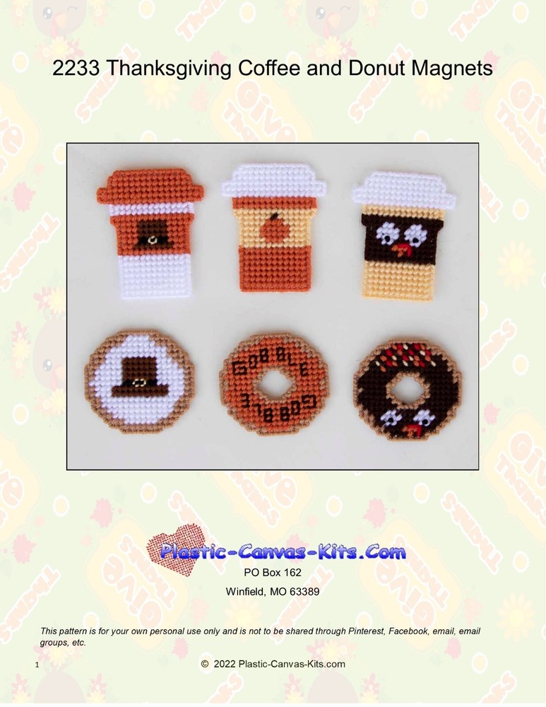 Thanksgiving Coffee and Donut Magnets- Plastic Canvas Pattern or Kit