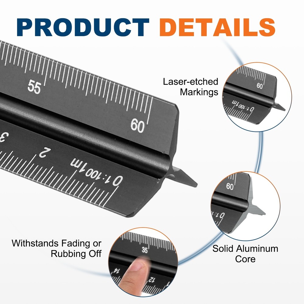 2 Pcs 12 Inch Metric Architectural Triangular Scale Ruler Large Scale, Black