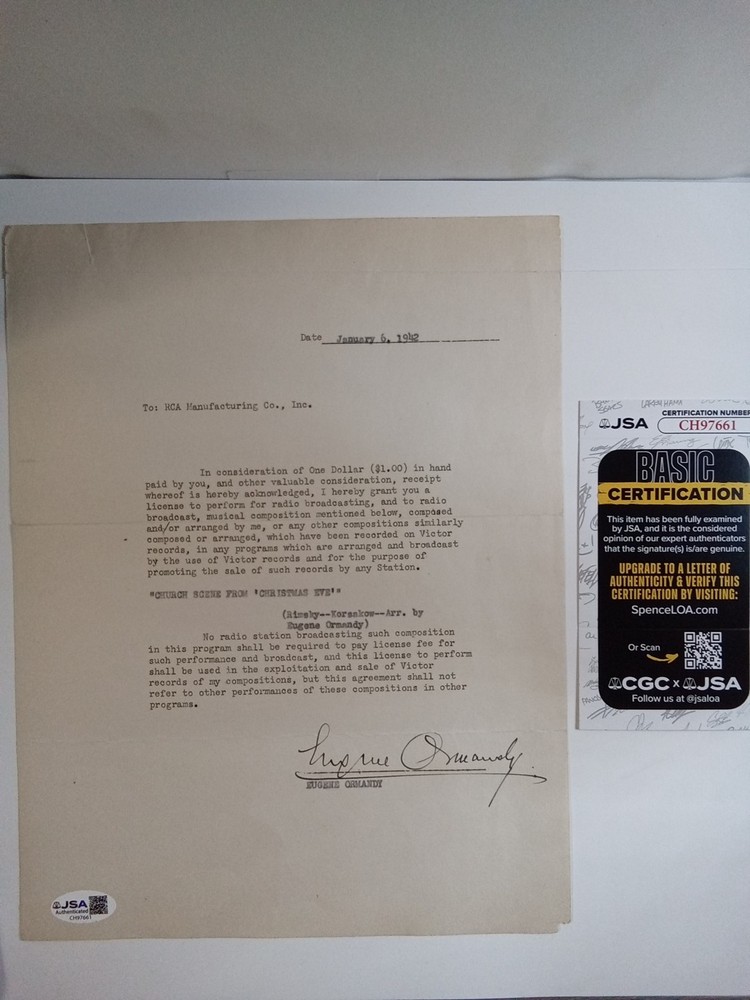 Eugene Ormandy Signed Letterhead Philadelphia Orchestra Conductor JSA