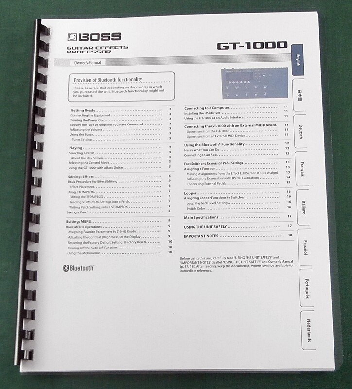 Boss GT-1000 Instruction Manual: Comb Bound with Protective Covers!