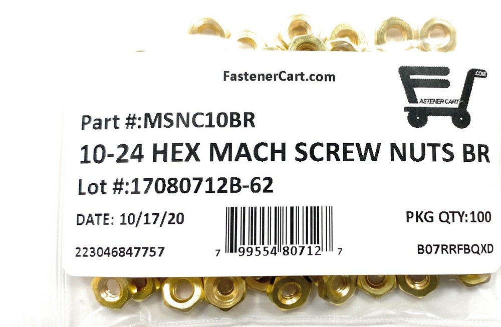 (100) 10-24 Brass Machine Screw Hex Nuts - Solid Brass (100 Pieces)Free Shipping