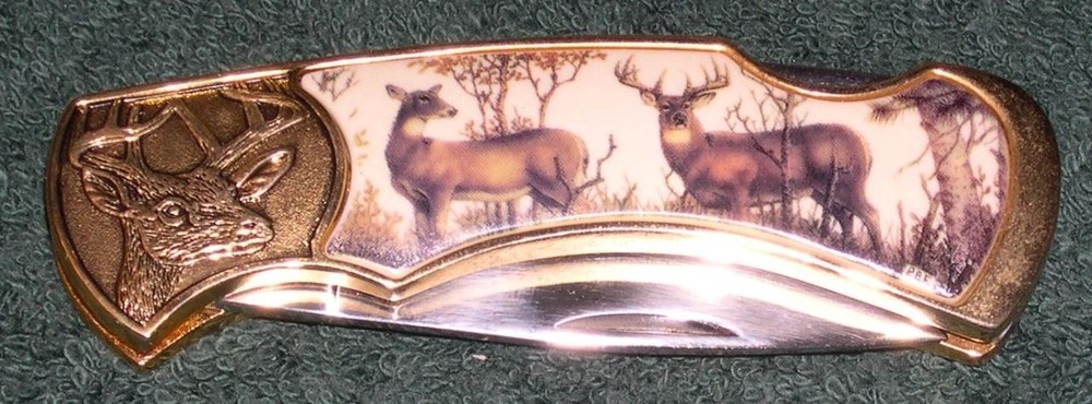 Franklin Mint Folding Collector Knife, Deer Pattern, Case Included