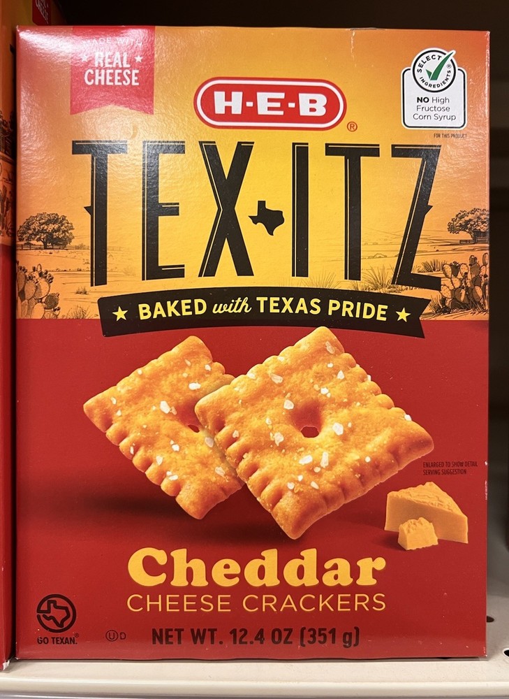 2 Pack HEB TEX-ITZ Cheddar Cheese Crackers Baked Snack Crackers 12.4oz Texas