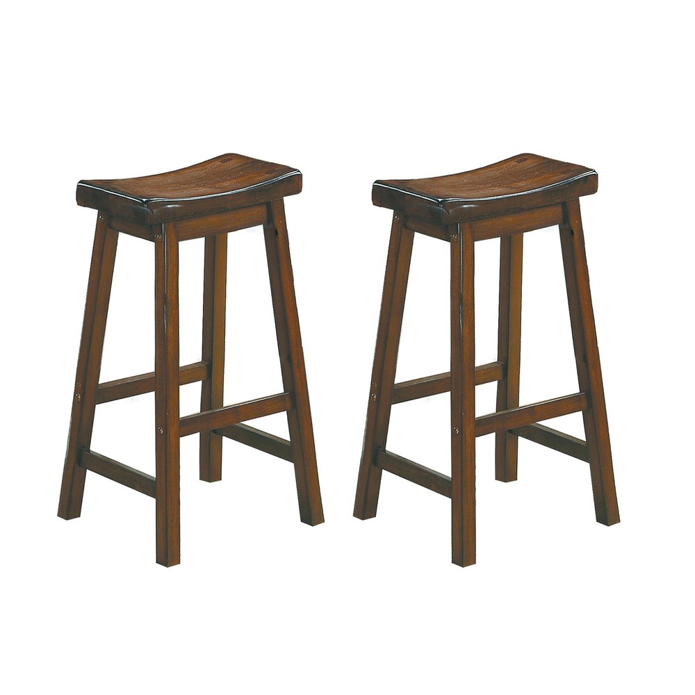 29-inch Bar Height Stools 2pc Set Saddle Seat Solid Wood Cherry Finish Casual