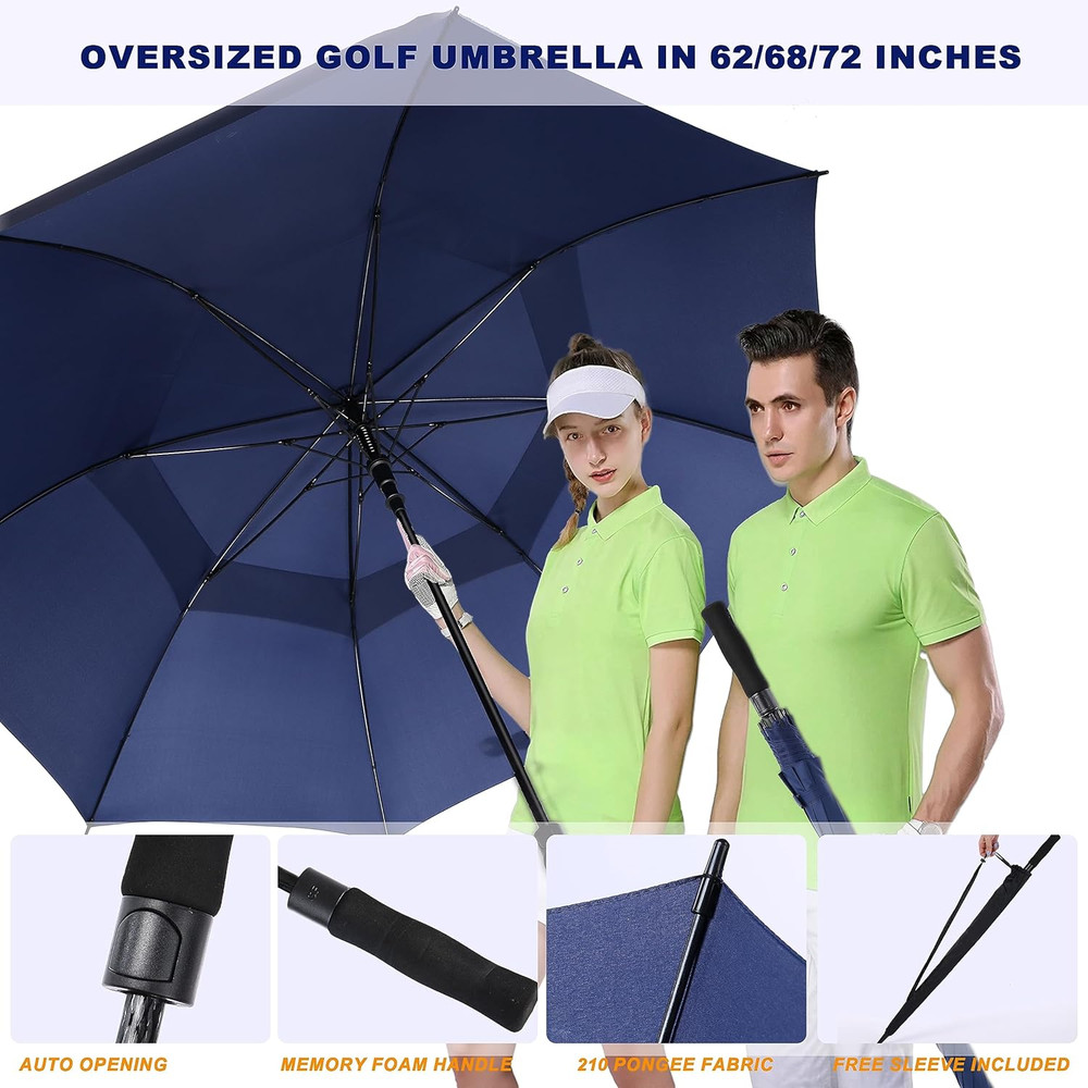 Golf Umbrella Large 62/68/72 Inch, Extra Large Oversize Double Canopy Vented Win