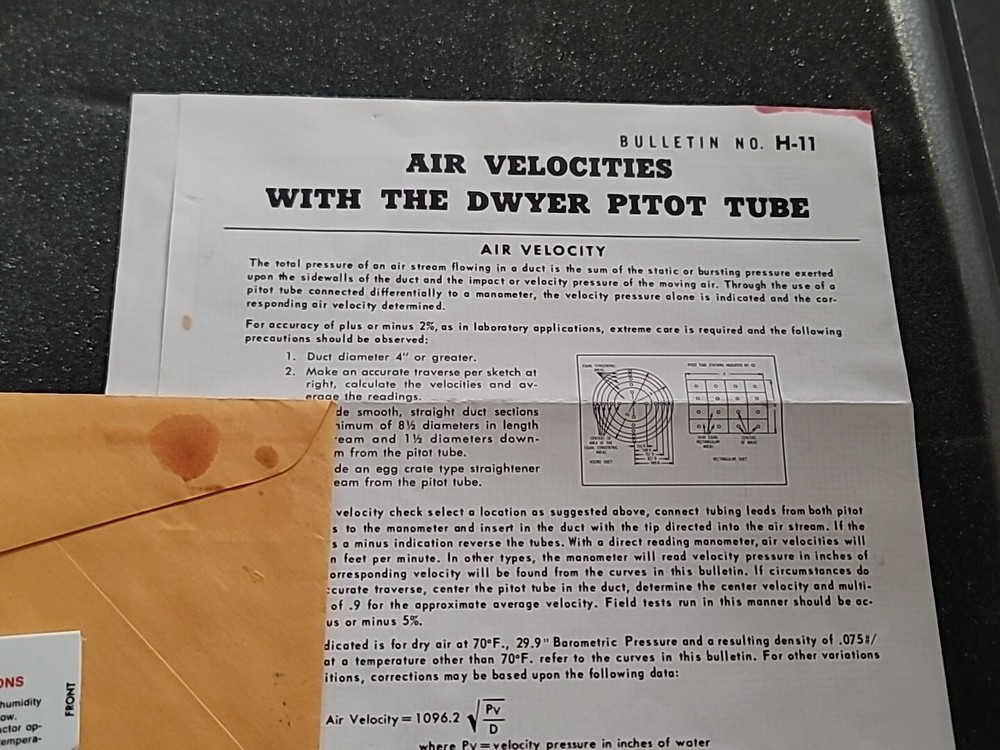 DWYER CONTROLS AIR VELOCITY METER MANOMETER