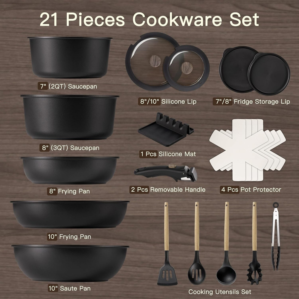 21PCS Nonstick Ceramic Cookware Set Removable Handle Stackable Induction
