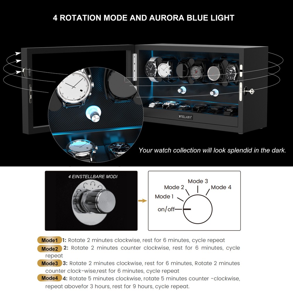 Automatic Rotation 6 Watch Winder Box With 6 Extra Storage Box Blue LED Light