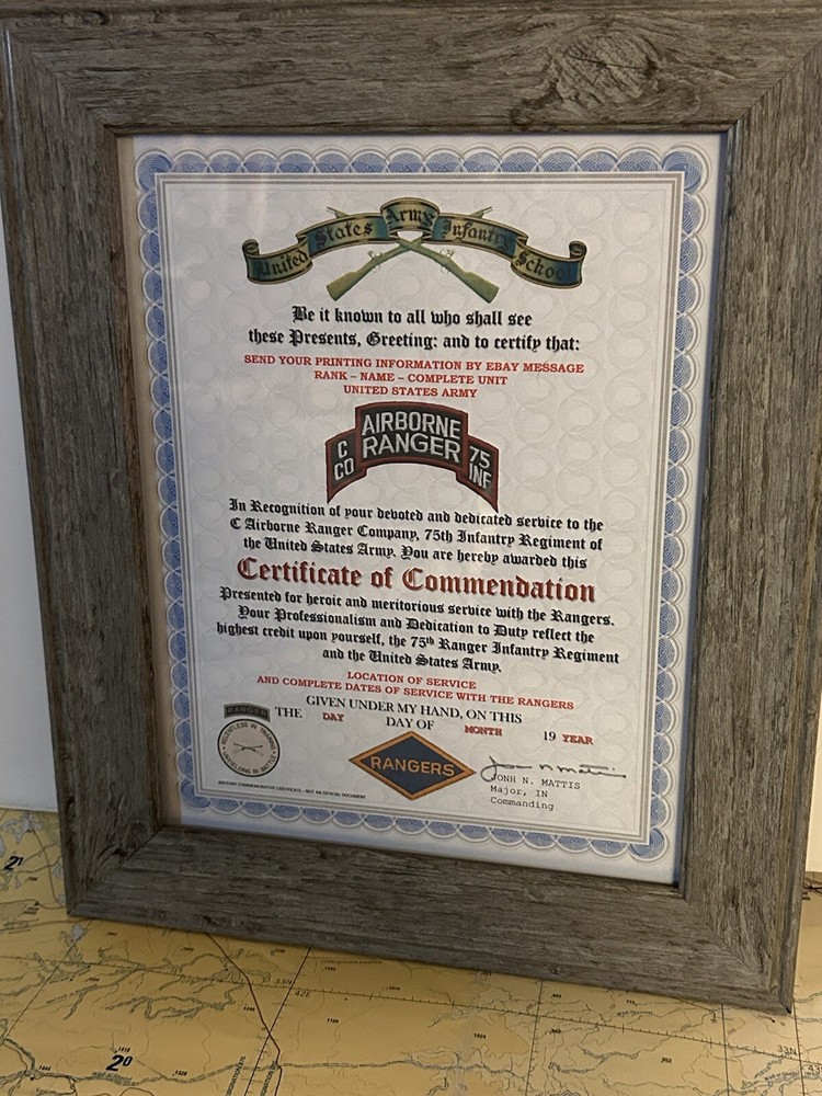 U.S. ARMY RANGER - C CO / 75 INFANTRY COMMENDATION CERTIFICATE (COMMEMORATIVE)