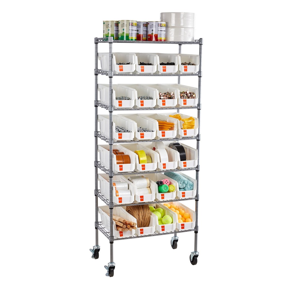 VEVOR Rolling Bin Storage Rack 7-Tier Bin Rack Storage System with 24 Small Bins