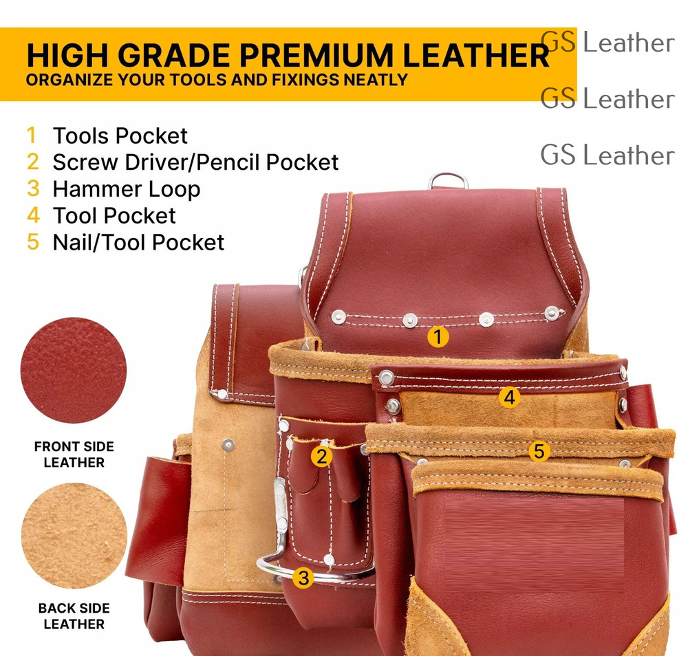 Heavy Duty Leather Carpenter Tool Belt with Pouches – Durable Work Construction
