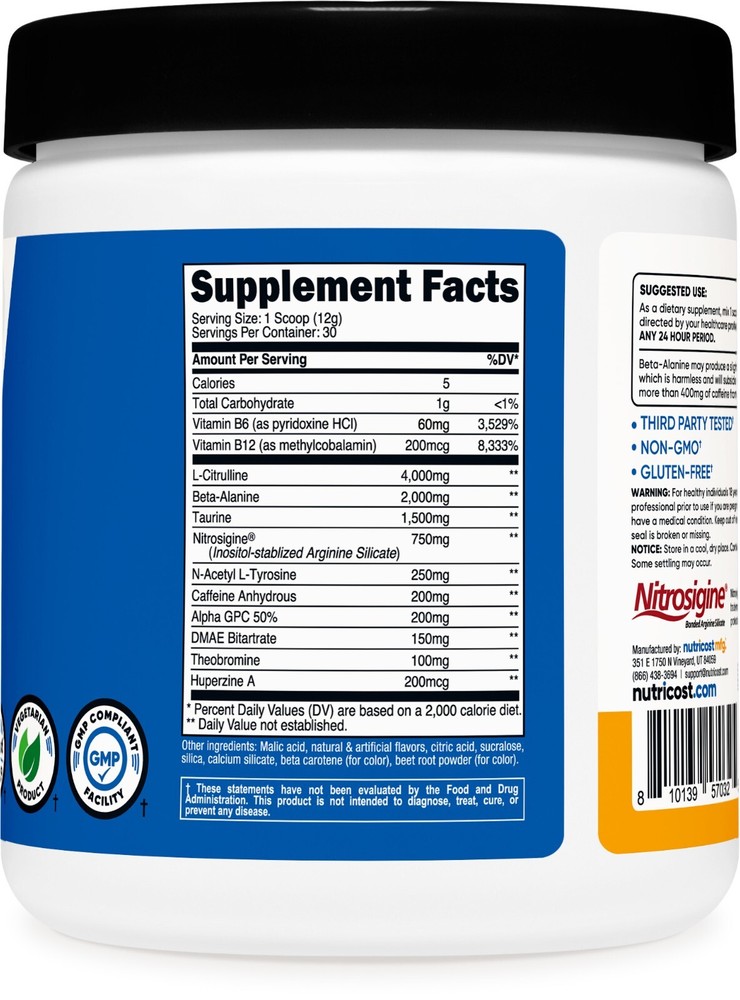 Nutricost Pre-Workout Complex Powder (Peach Mango) 30 Servings