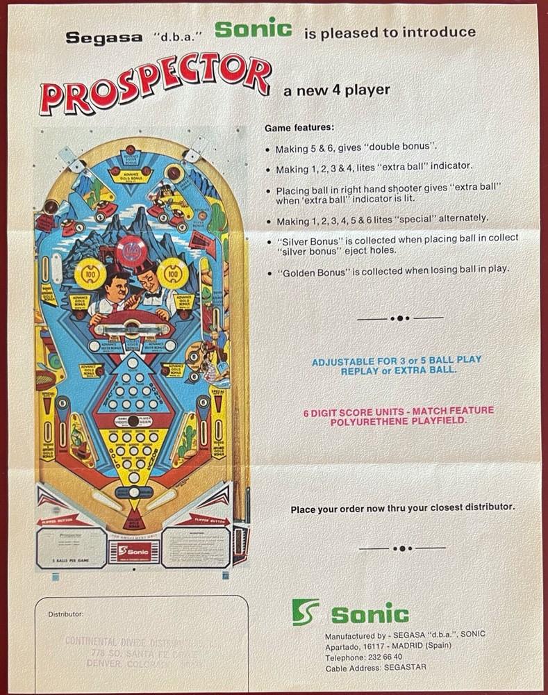 1977 Sonic Prospector Original Pinball Flyer