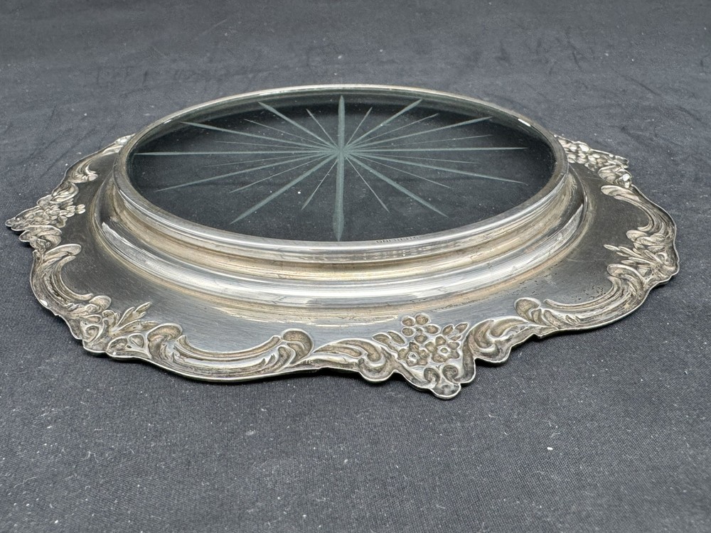 Vintage Sterling Silver Glass Coaster Repousse, 6.25"
