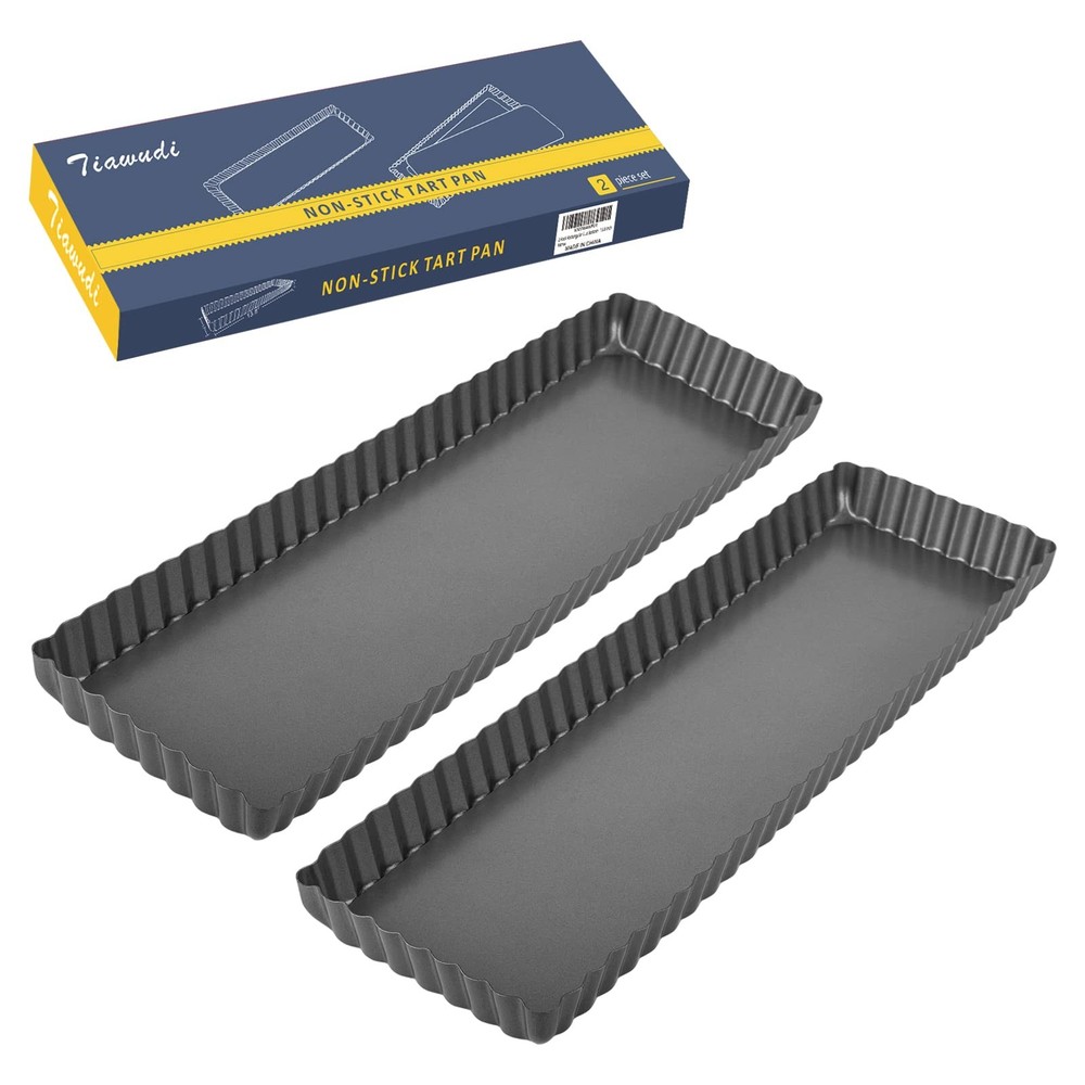 2 Pack Rectangular Tart Pan Non-Stick Quiche Pan with Loose Bottom the Fluted...