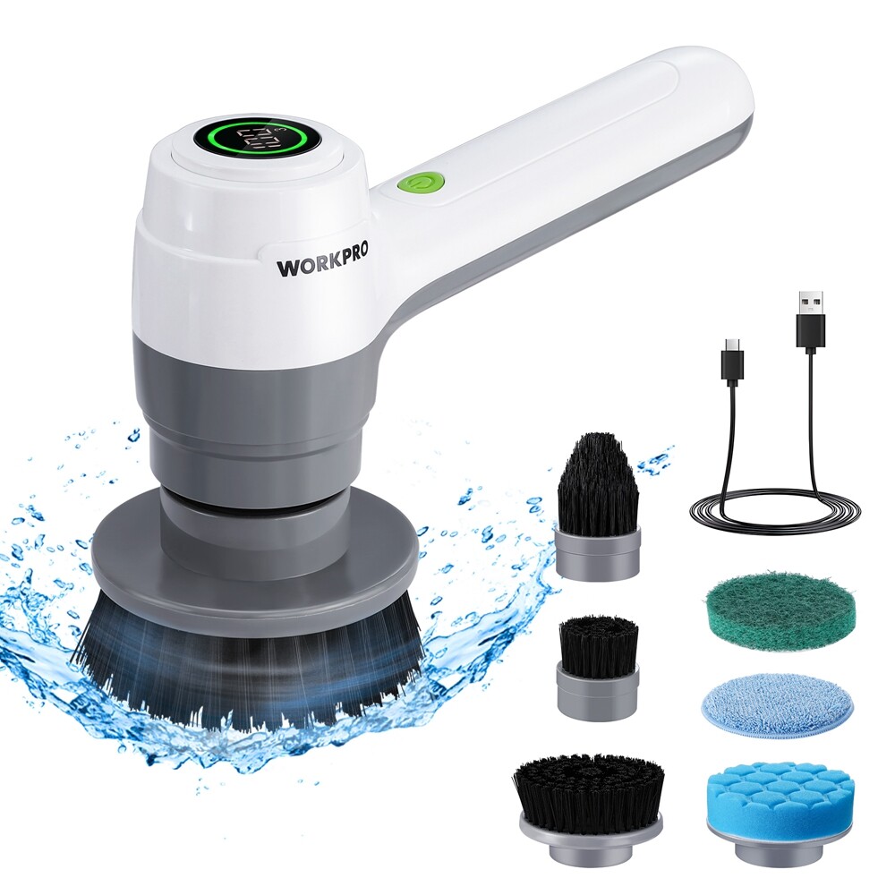WORKPRO 8V Electric Spin Scrubber 3-Speed Adjustable Shower Scrubber with 6 Head