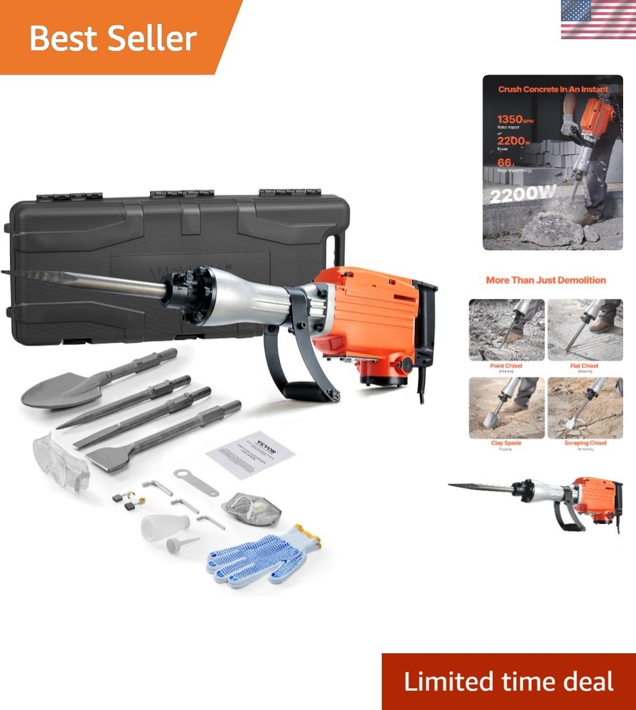 Heavy Duty Demolition Jack Hammer with 4 Chisels & Vibration Control Handle