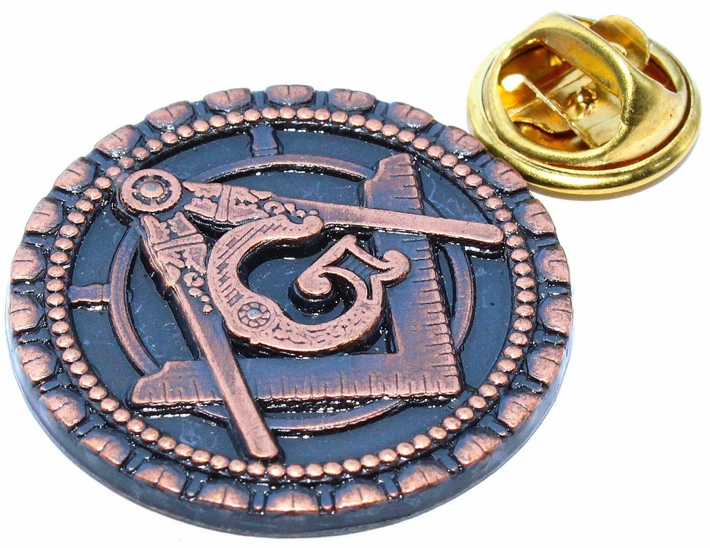 Masonic G Square & Compass Round Antique Brass Lapel Pin - 1" Diameter