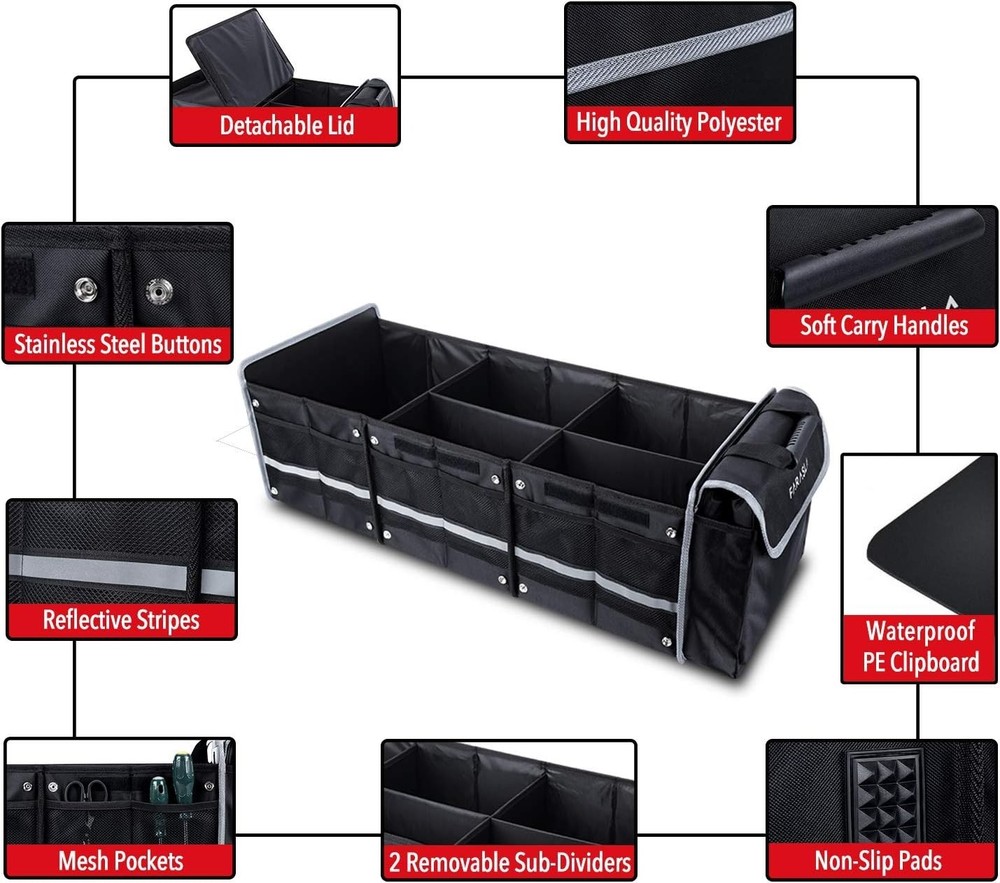 Leakproof Car Organizer with Foldable Cover and Multiple Storage Compartments