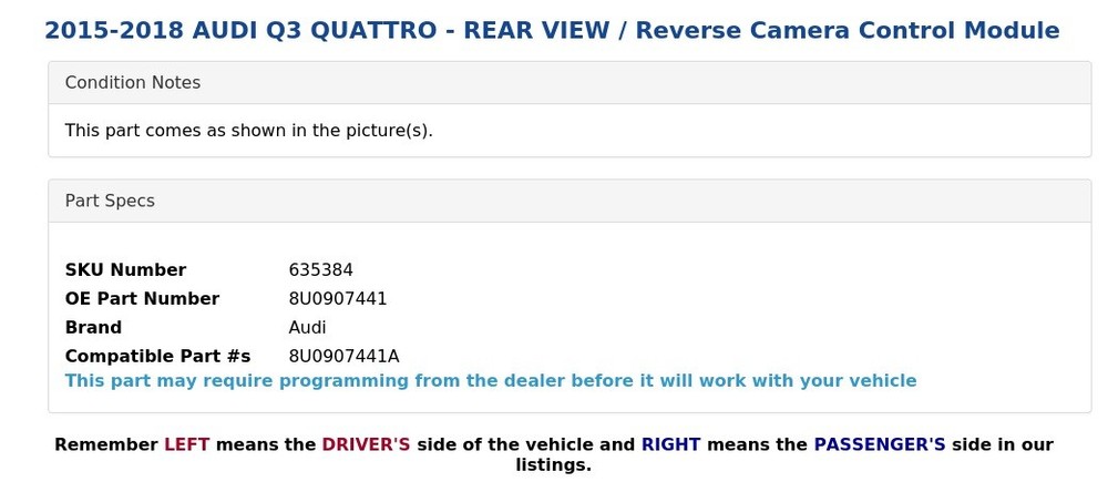 2015-2018 AUDI Q3 QUATTRO - REAR VIEW / Reverse Camera Control Module