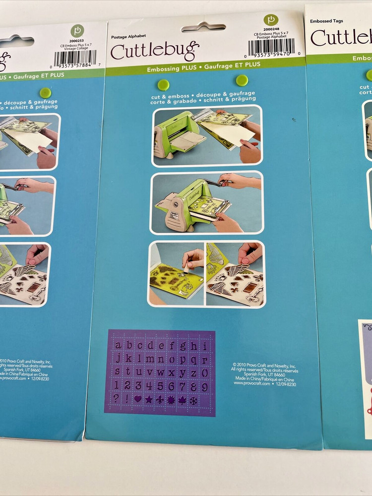 3 Cuttlebug Embossing Plus Cut and Emboss Folders Collage, Tags and Alphabet