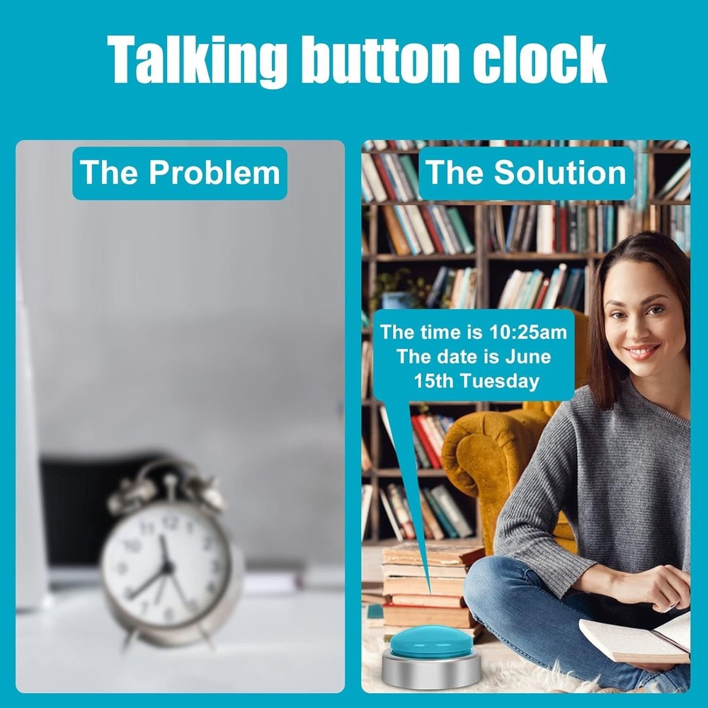 Large Talking Button Clock, Talking Alarm Clock with Volume Control, Telling ...