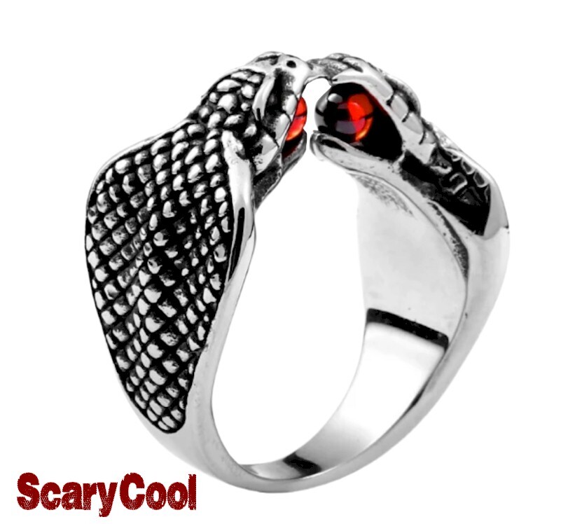 New King Cobra Snake Silver Two Headed Mens Gothic Biker Ring