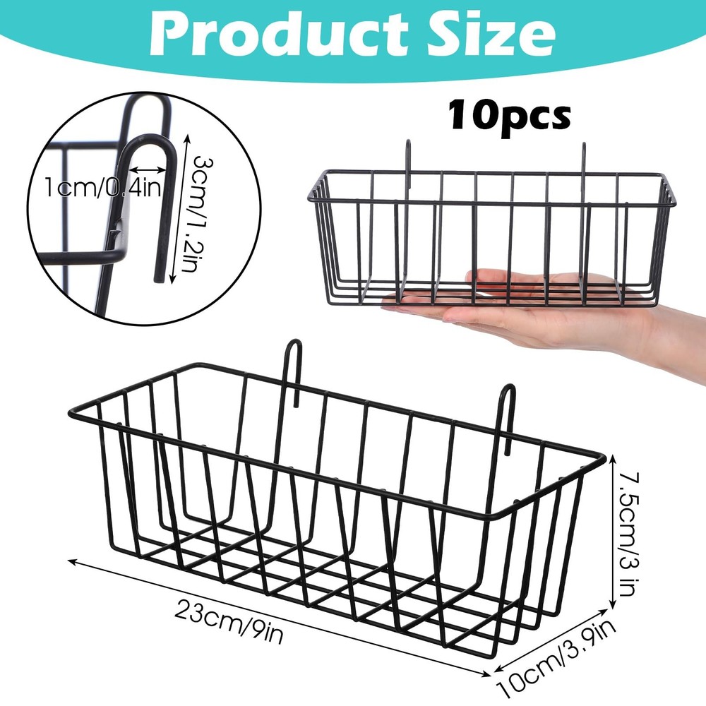 10 PCS Hanging Wire Baskets For Organizing Metal Storage Grid Panel Black