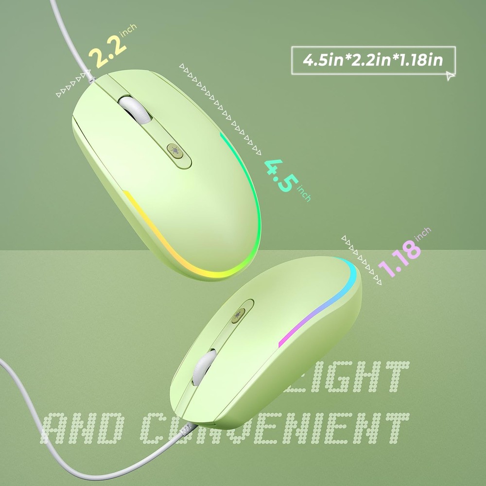 Wired Mouse with RGB Backlit USB Computer Mice Attached Cord Green