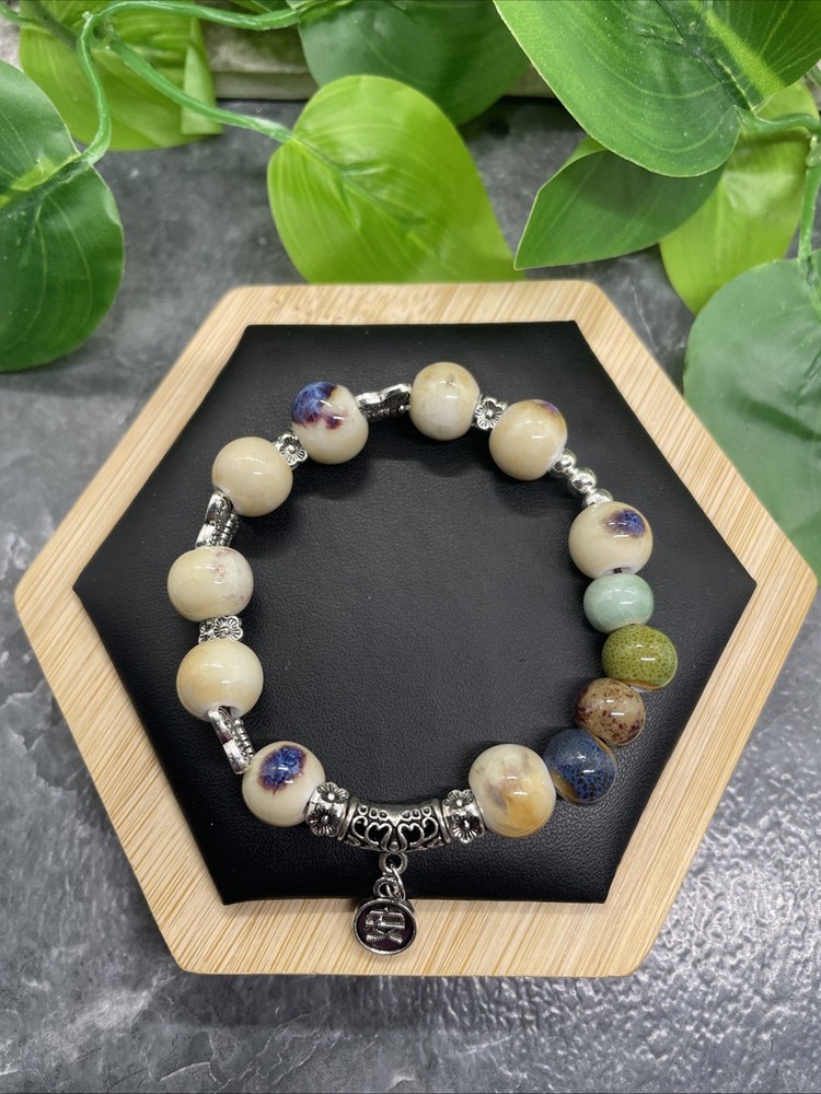 Handmade Ceramic Bead Beaded Stackable 6” Plus Stretch Bracelet New B229