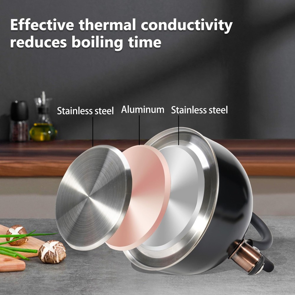 2.6-Quart Black Whistling Tea Kettle for Stovetop with Wood Pattern Handle