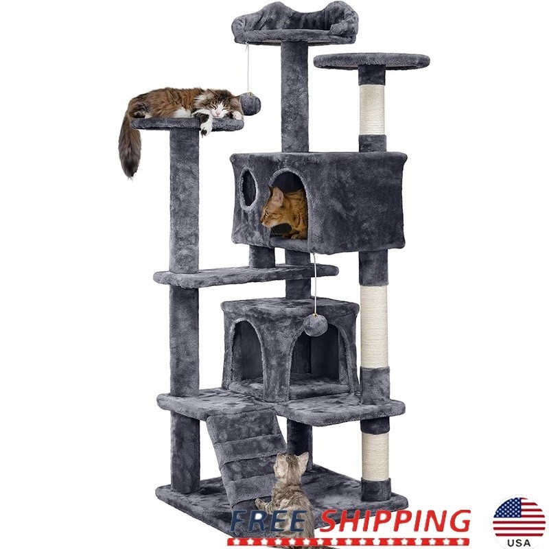 Multi-Level Cat Activity Playground W/ Scratching Posts Condos & Dangling Balls